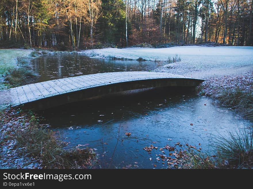 Frost covering wooden bridge over stream in green fields in early morning. Frost covering wooden bridge over stream in green fields in early morning.