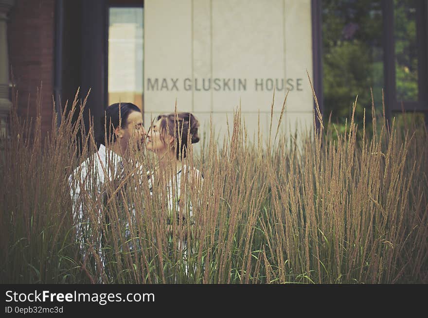 Man and Woman Kissing Near Green Plants