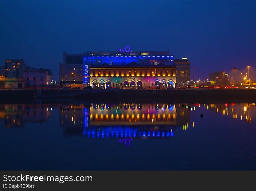 Dublin, Ireland waterfront illuminated at night. Dublin, Ireland waterfront illuminated at night.