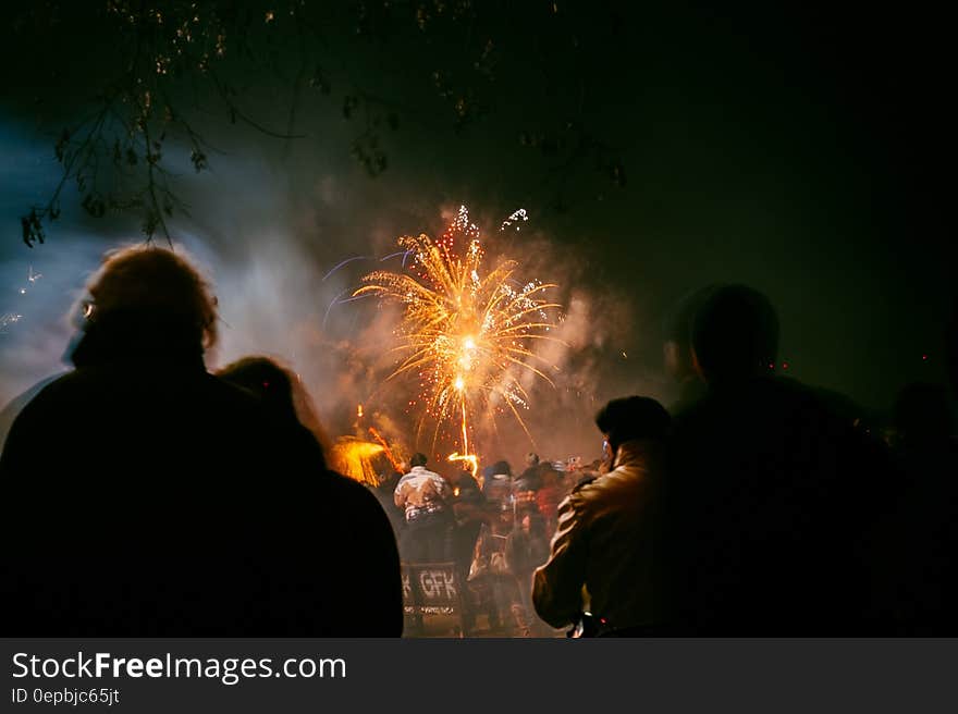 Silhouette of people outdoors watching fireworks display in sky. Silhouette of people outdoors watching fireworks display in sky.