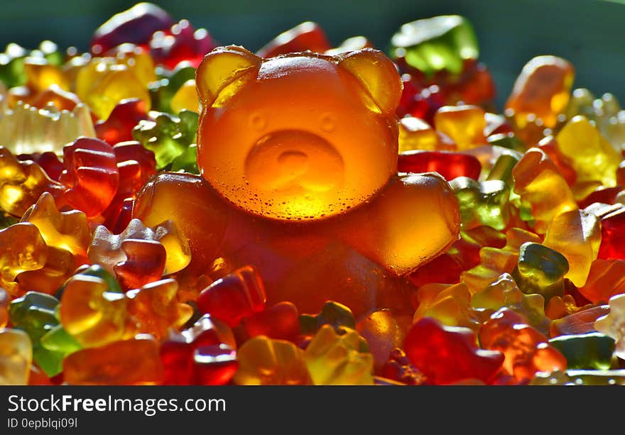 Close up of gummy bear candies.