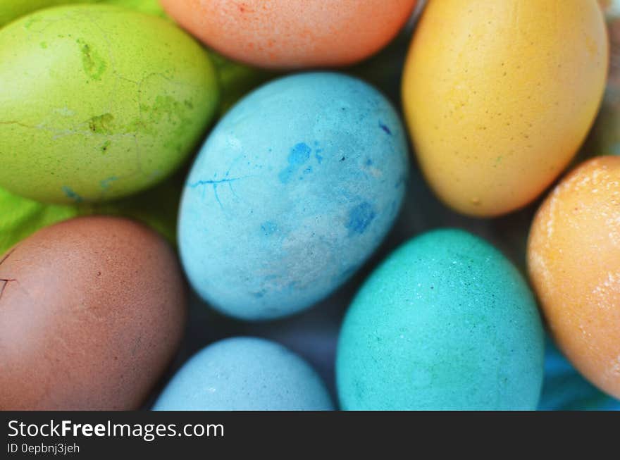 Close up of colorful dyed Easter eggs. Close up of colorful dyed Easter eggs.