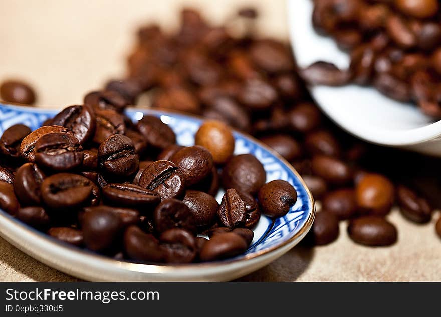 Close up of roasted Arabica coffee beans in blue china dish.