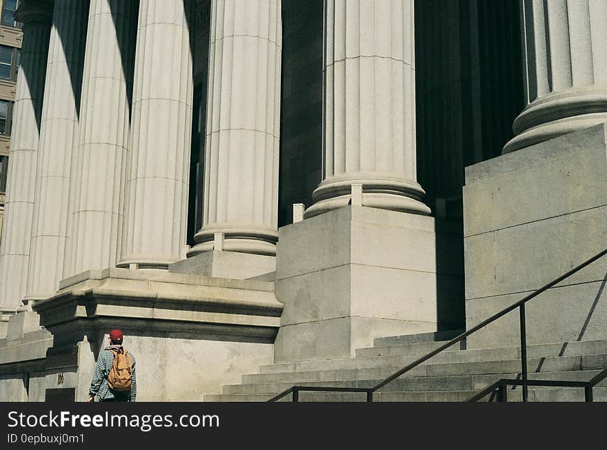 Person walking past large building with classical style stone columns.