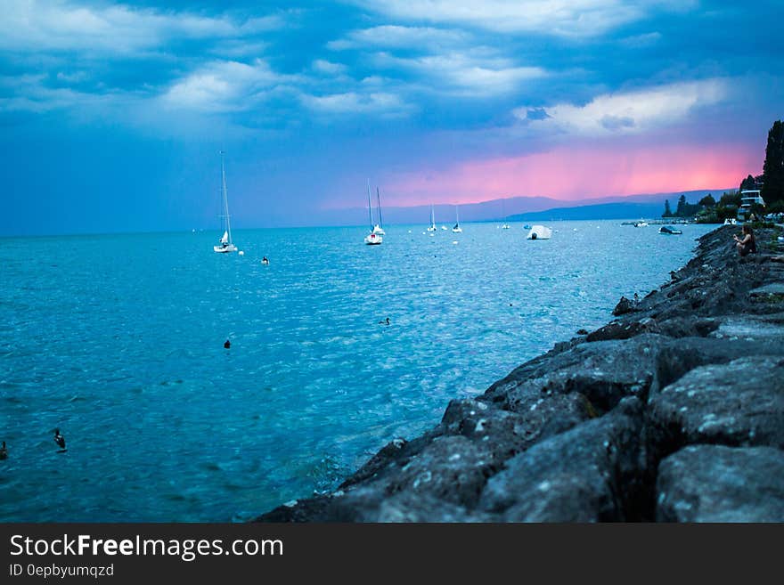 Boats on the blue sea at the sunset. Boats on the blue sea at the sunset.