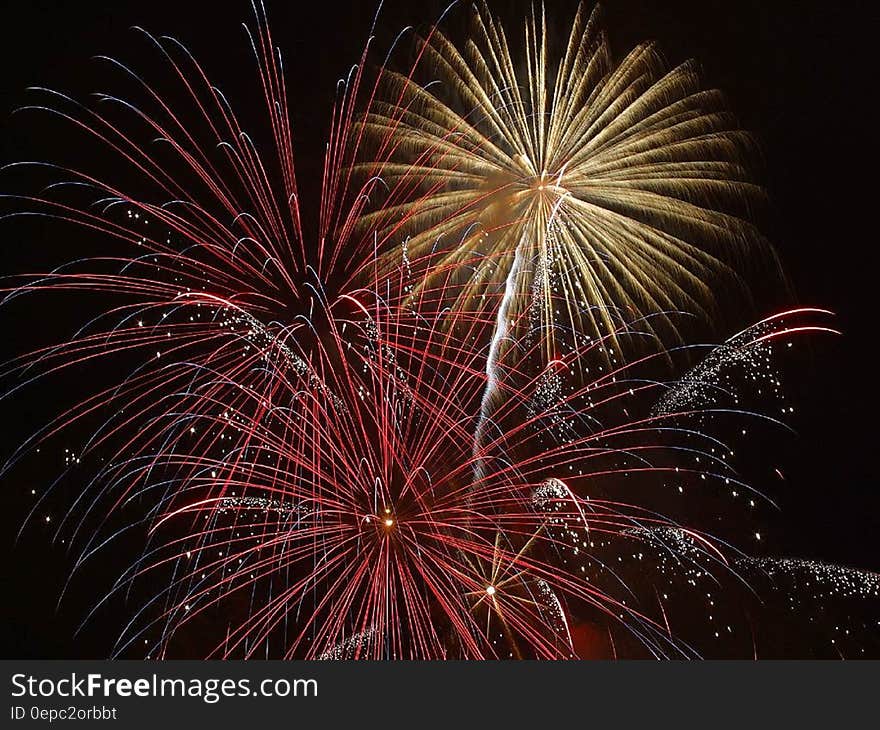 Colorful bursts of fireworks in dark skies.