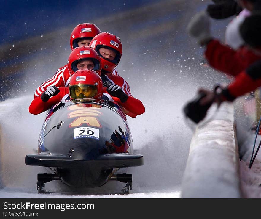 American bobsled team in Olympic competition. American bobsled team in Olympic competition.