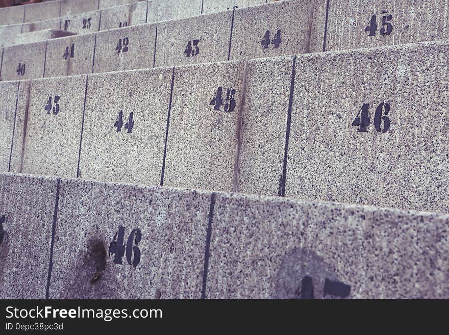 Close up of concrete seats in rows with black text numbers. Close up of concrete seats in rows with black text numbers.