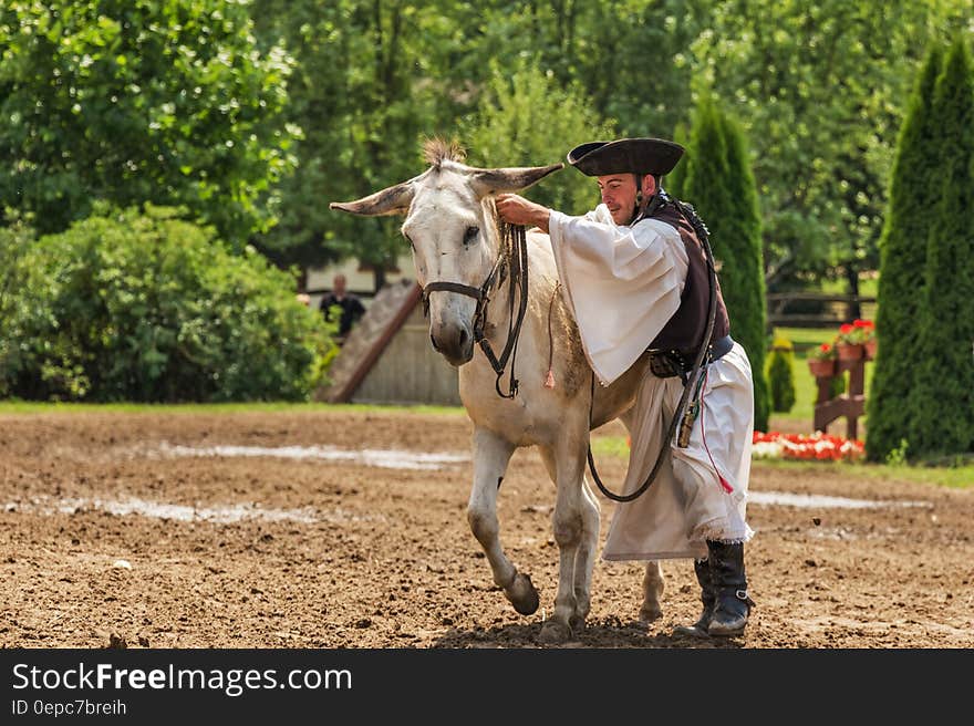 Man wearing traditional Spanish dress with white skirt and black felt hat and boots mounting a white donkey, background of green trees and colorful flowers. Man wearing traditional Spanish dress with white skirt and black felt hat and boots mounting a white donkey, background of green trees and colorful flowers.