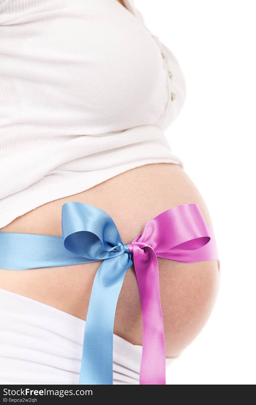 Purple and Blue Ribbon on Pregnant Woman&#x27;s Tummy