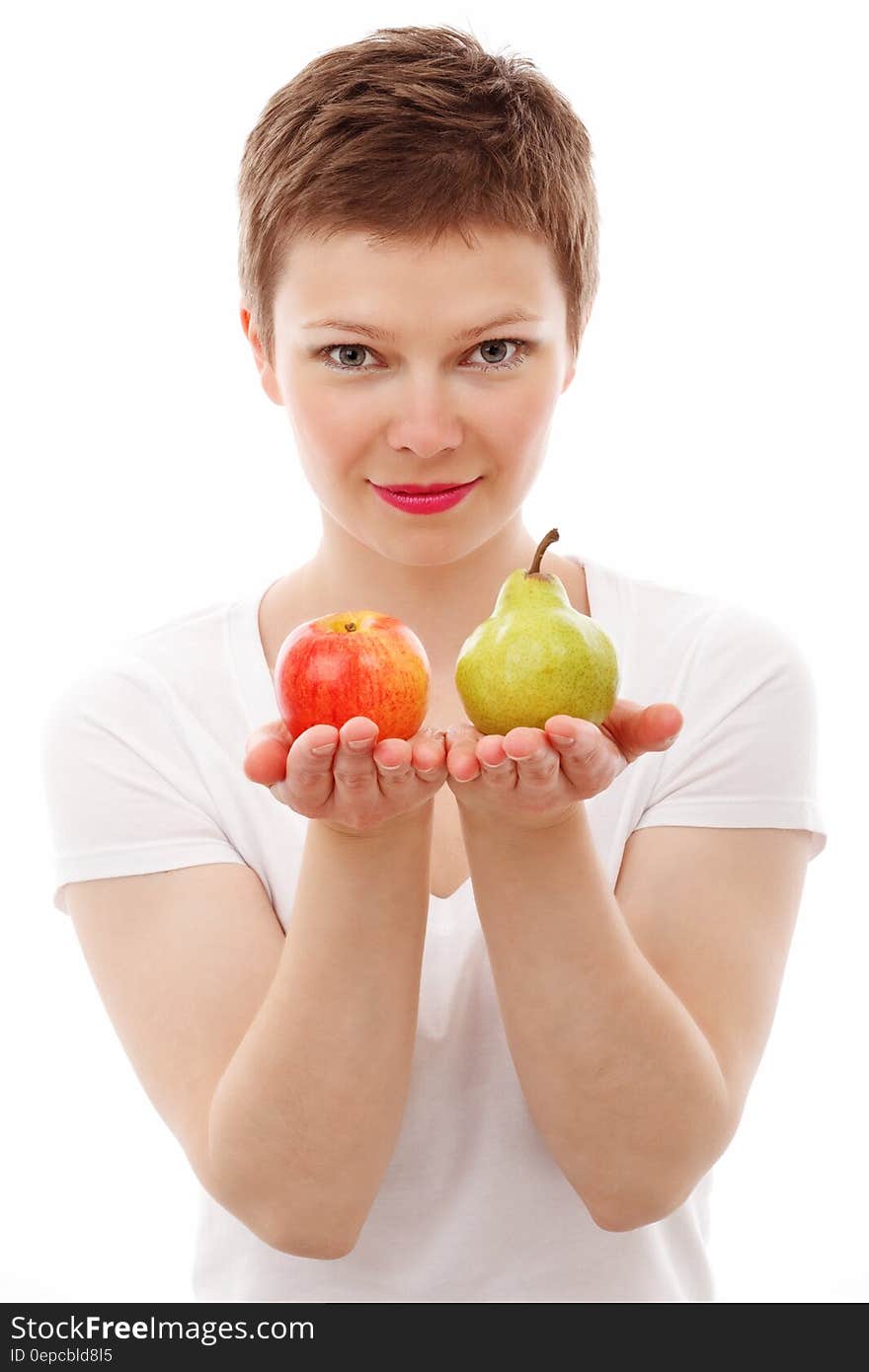 Woman Holding Red Apple and Green Peach