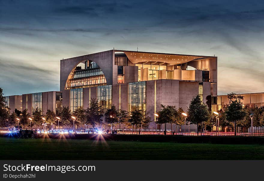 Chancellery building in Berlin, Germany illuminated at night. Chancellery building in Berlin, Germany illuminated at night.