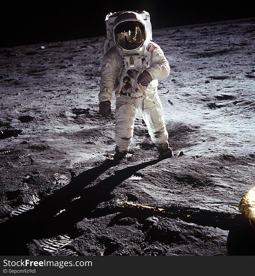 Astronaut Buzz Aldrin, stands on the surface of the moon, in the original photo taken by Neil Armstrong. Astronaut Buzz Aldrin, stands on the surface of the moon, in the original photo taken by Neil Armstrong.