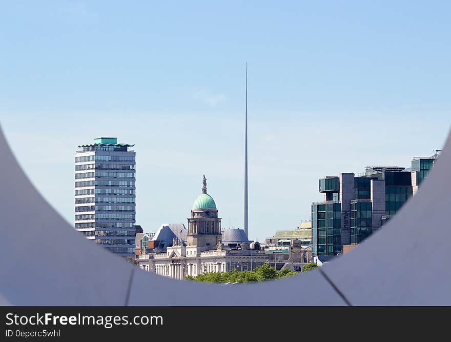 Aerial view of Dublin, Ireland skyline on sunny day.