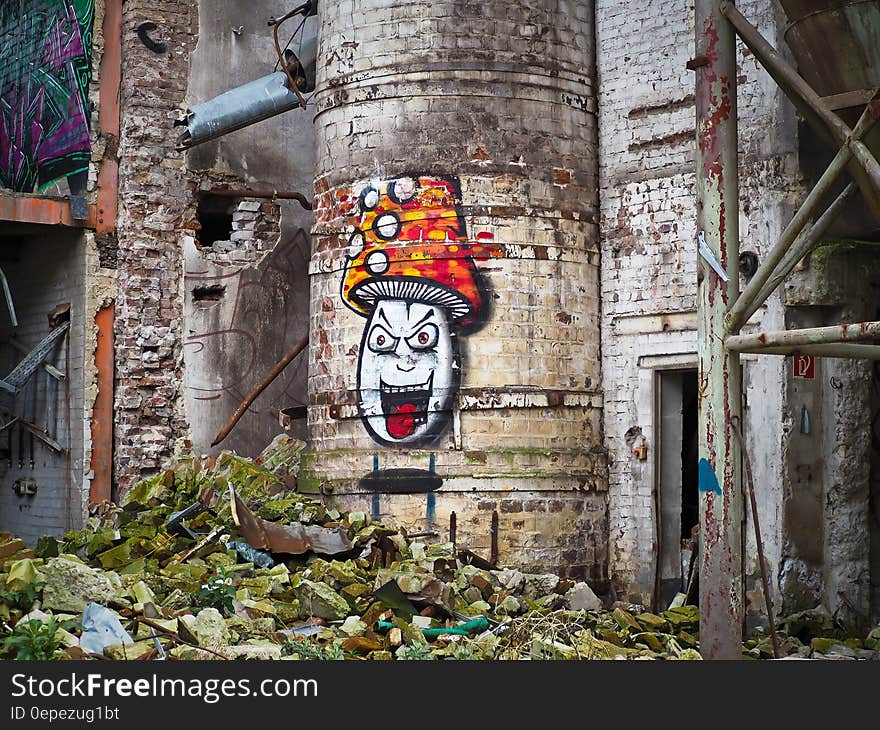 Mushroom Graffiti on Concrete Building during Daytime