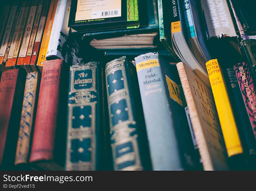 Stack of Brown and Red Printed Hardbound Books