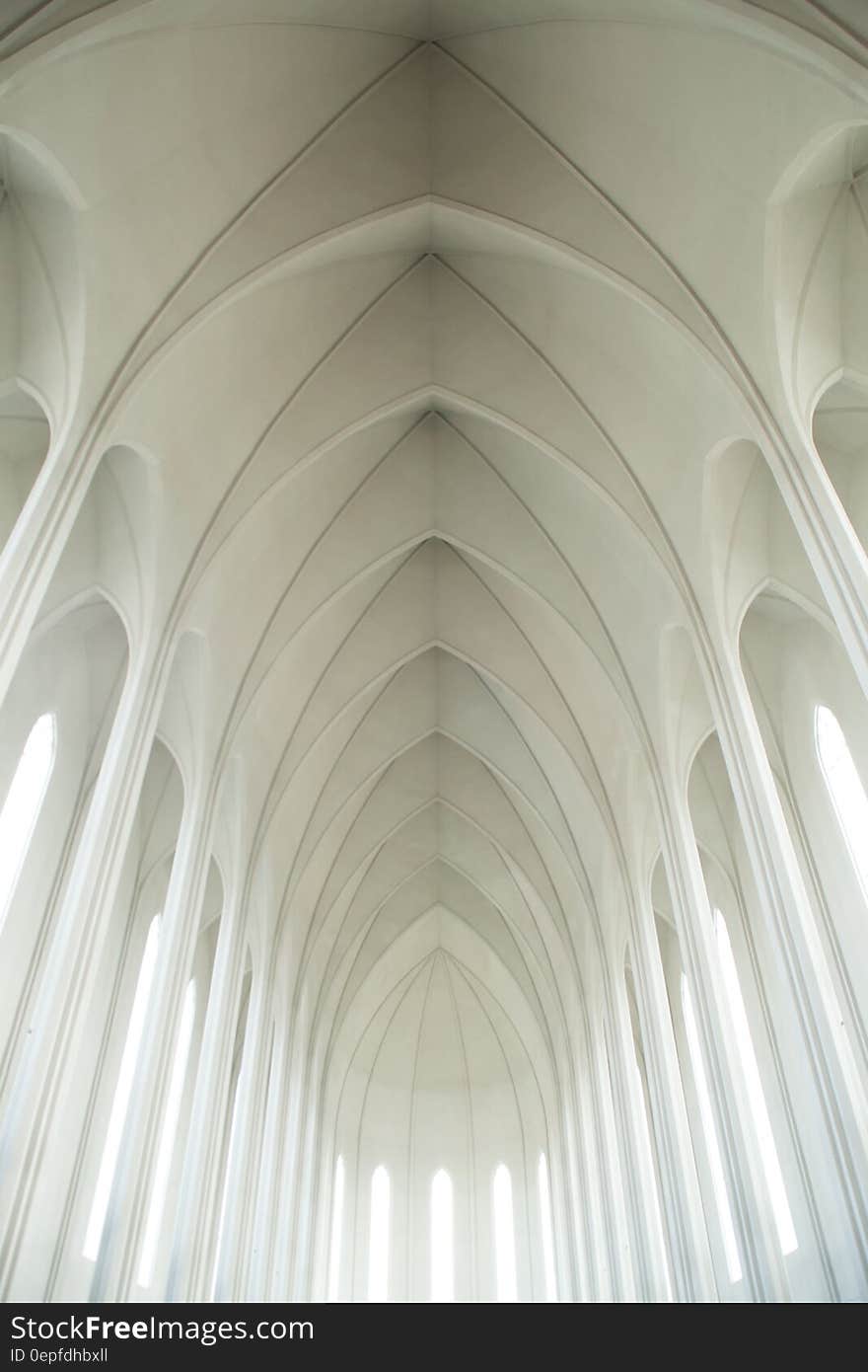 White arches in cathedral ceiling dome. White arches in cathedral ceiling dome.