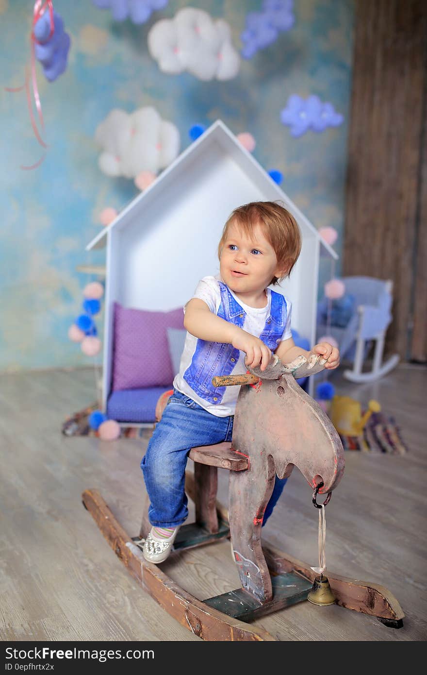 Boy in Blue and White Crew Neck T Shirt Riding on Wooden Rocking Moose