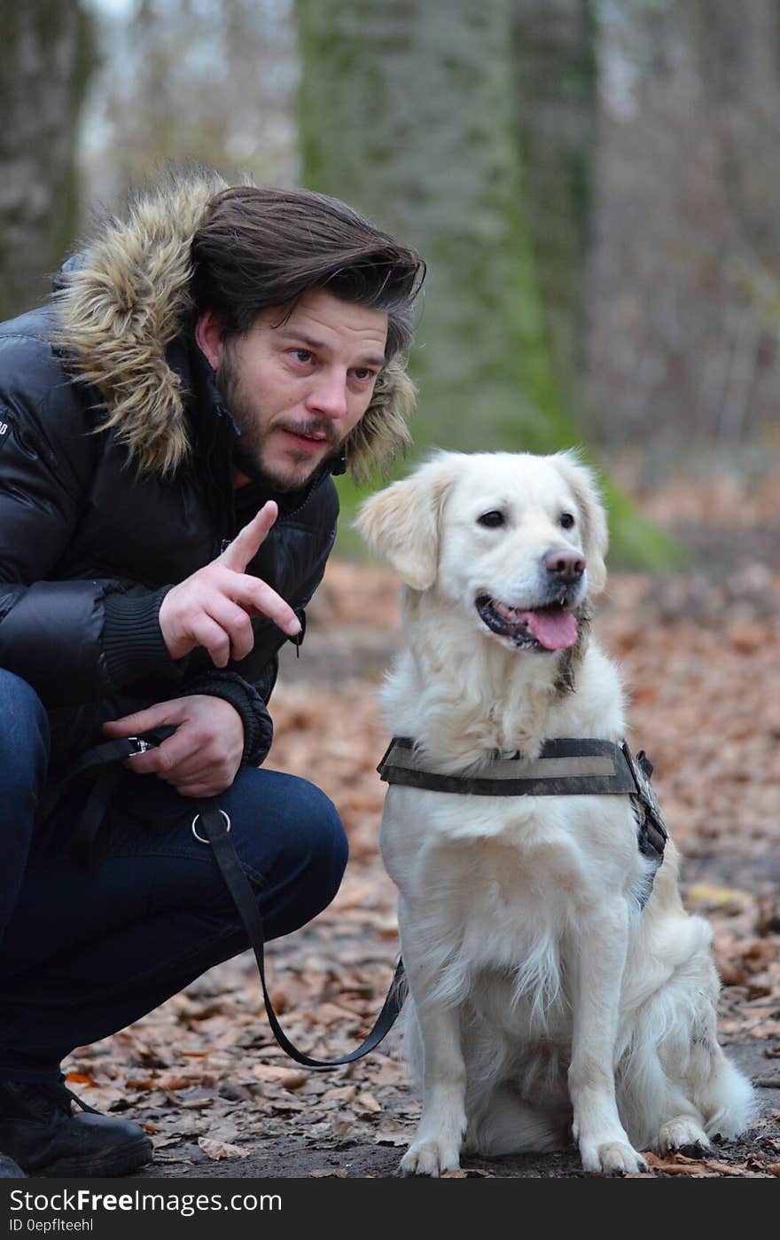 Man Wearing Black and Brown Fur Hoodie Jacket and Blue Pants Holding Dog Leash Beside White Short Coat Dog