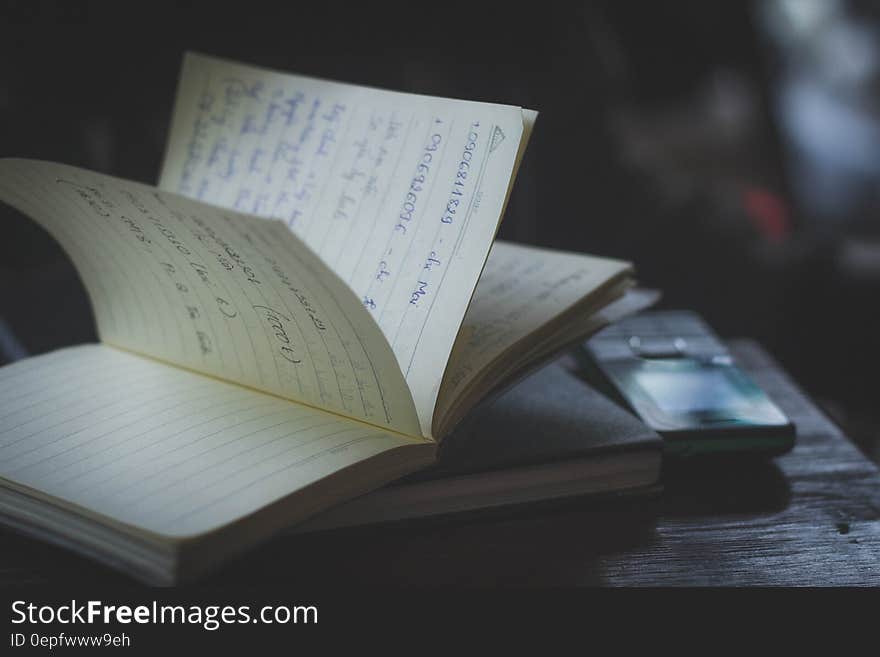 Close up of pages of open journal on wooden table. Close up of pages of open journal on wooden table.