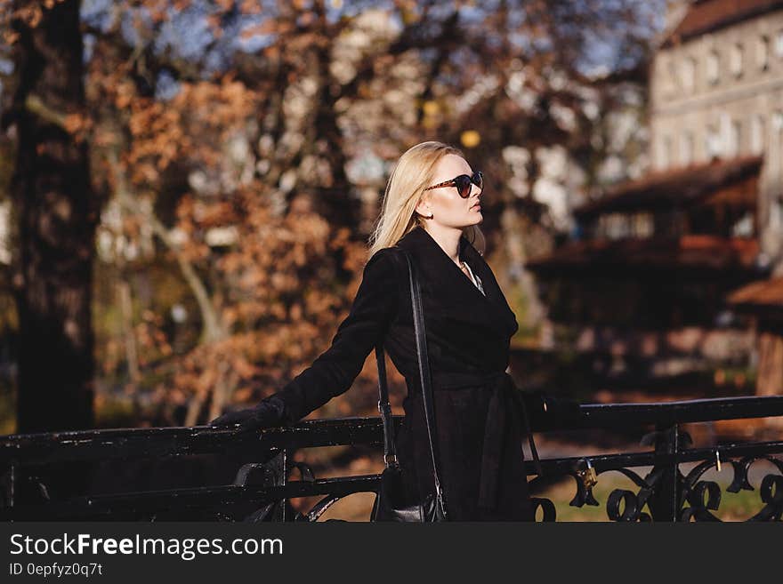 A blonde woman with sunglasses leaning on a railing in the autumn. A blonde woman with sunglasses leaning on a railing in the autumn.