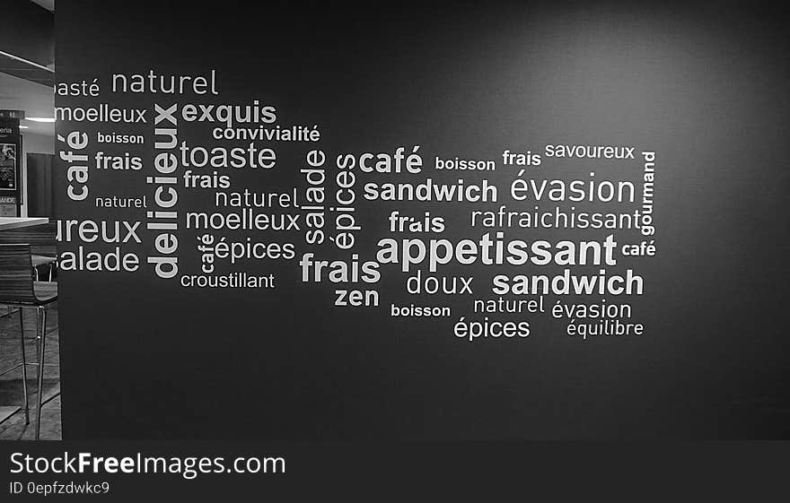 Close up of french food word cloud on black wall inside cage.