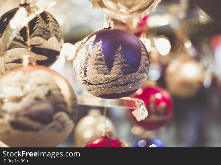 Close up of decorated Christmas ornament balls. Close up of decorated Christmas ornament balls.