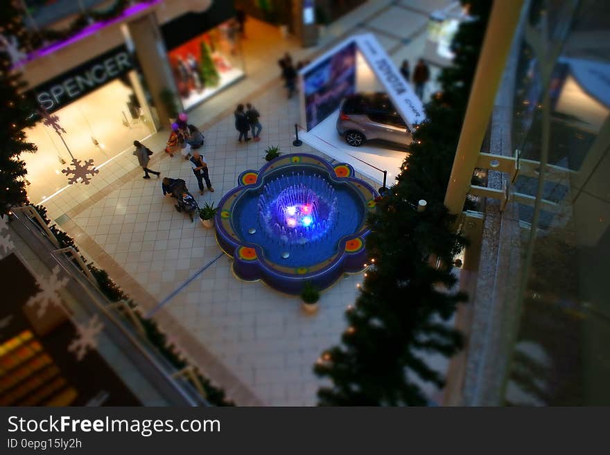 A view inside the atrium in a shopping mall.