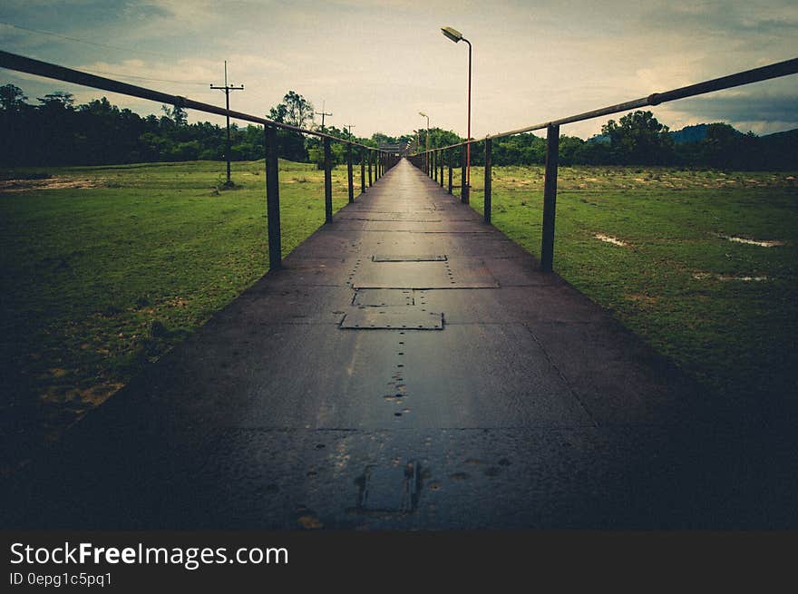 A bridge with railings over green fields. A bridge with railings over green fields.