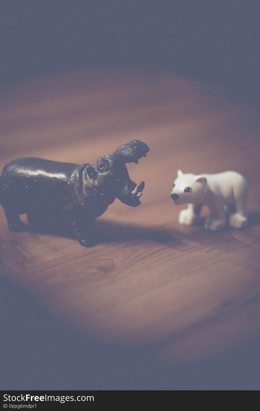 Close up of plastic toy miniature hippopotamus and polar bear on wooden table. Close up of plastic toy miniature hippopotamus and polar bear on wooden table.