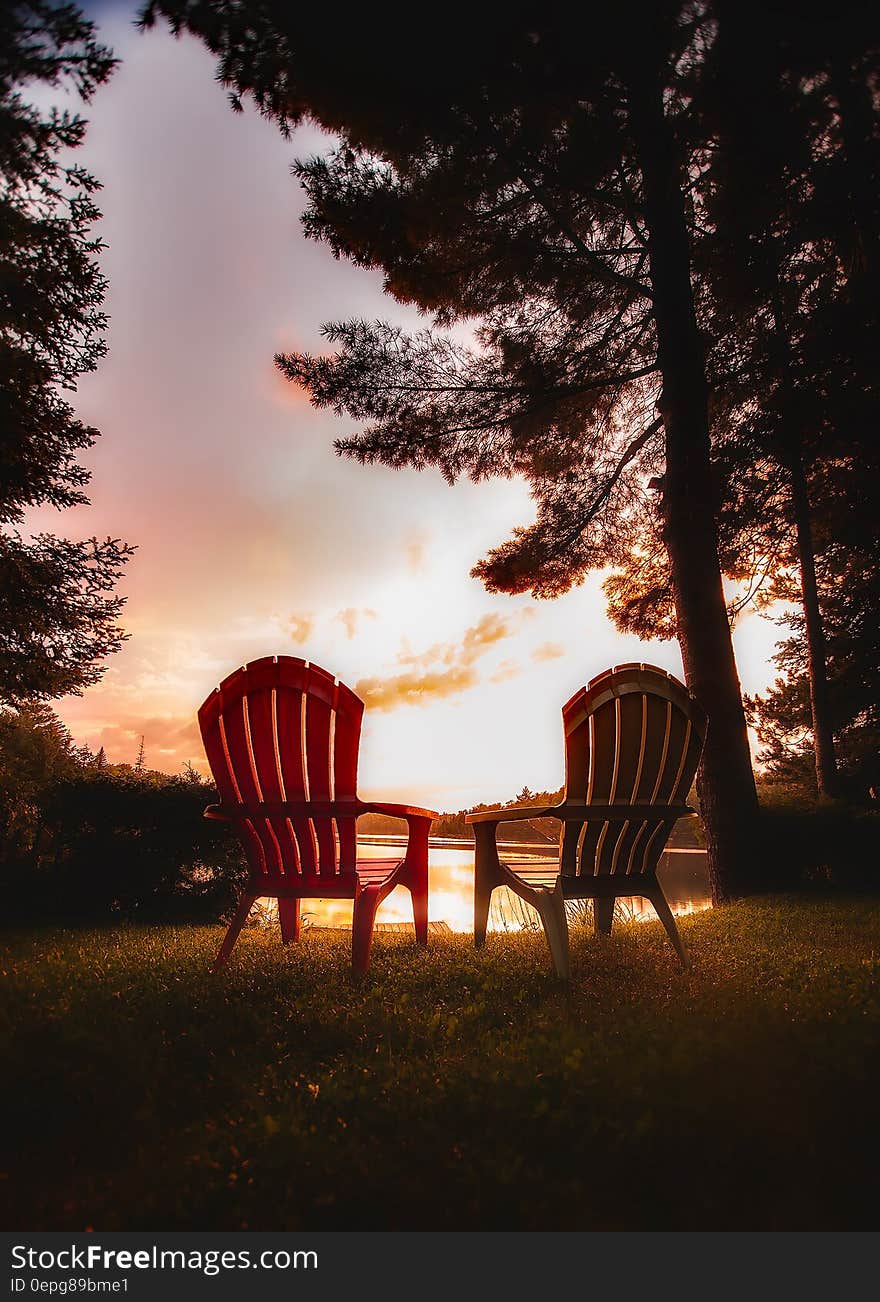 Chairs on Table Against Trees during Sunset