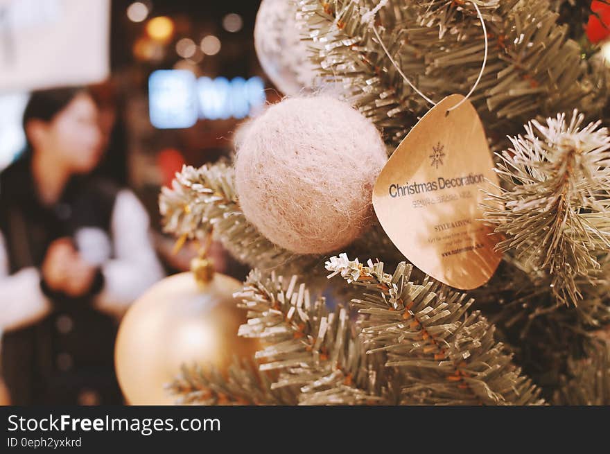 Tag on Christmas ornaments for sale hanging on tree in store. Tag on Christmas ornaments for sale hanging on tree in store.