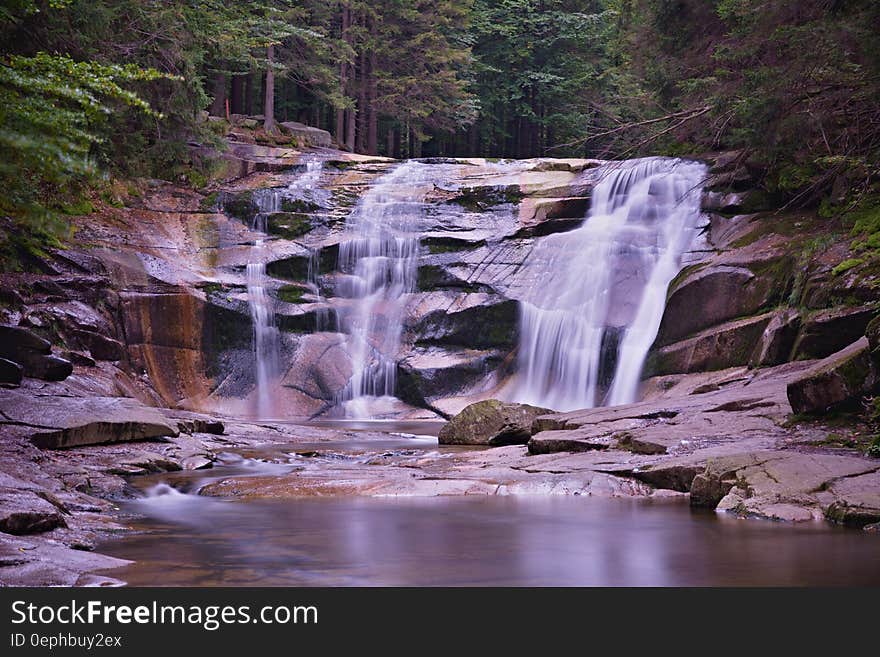 Falls and River Surrounded by Trees With Rocks