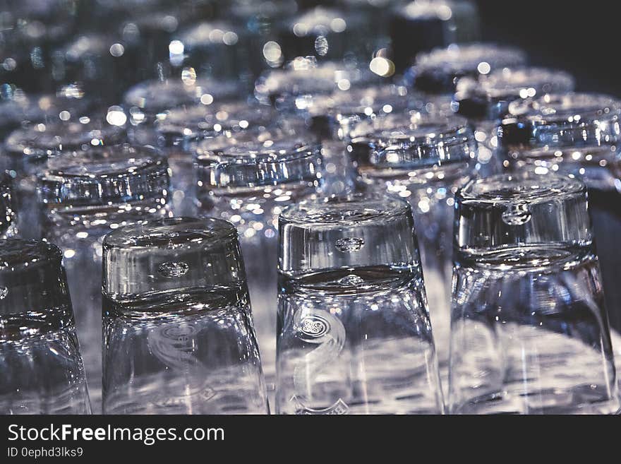 Close up of tray of clean glasses turned upside down.