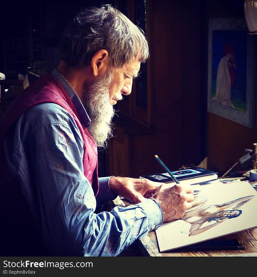 Man Painting Wearing Blue Dress Shirts