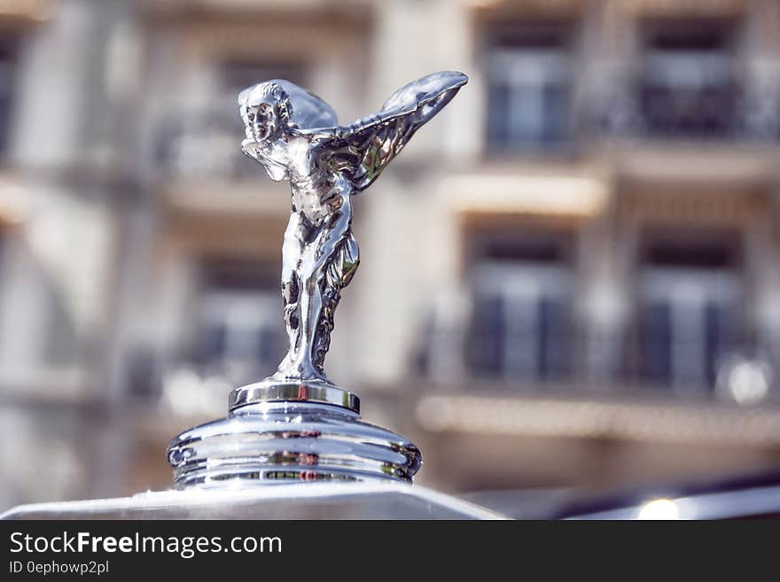 Close up of silver hood ornament on limousine outdoors on sunny day.