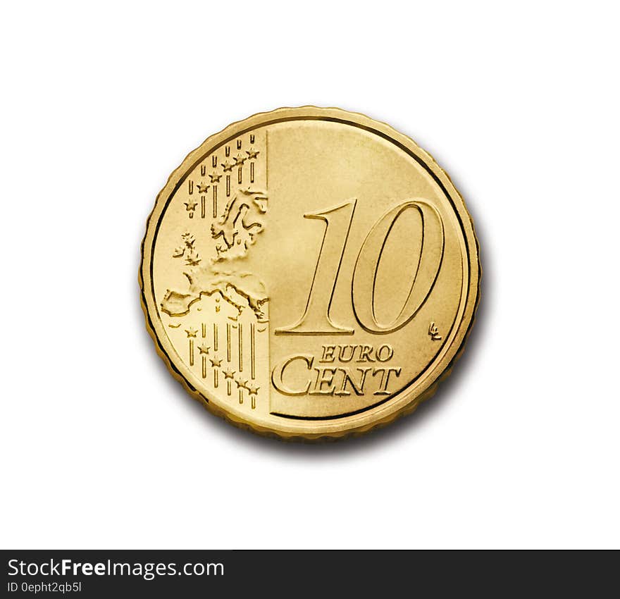 Ten cent Euro coin used principally in the countries of the European monetary Union comprising 19 states presently, white background.