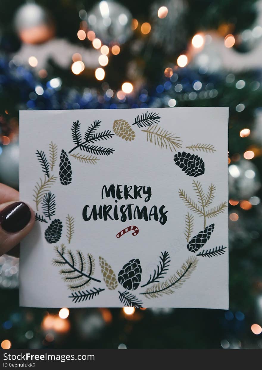 Hand holding card with Merry Christmas in green print with pine cone graphics in front of lit Christmas tree. Hand holding card with Merry Christmas in green print with pine cone graphics in front of lit Christmas tree.