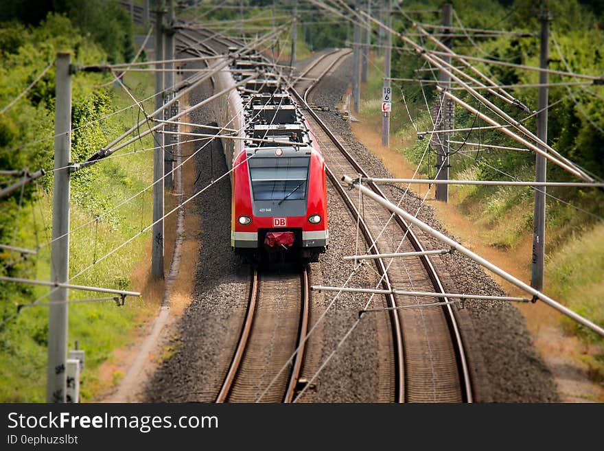 Electric train running on overhead lines on track through woods. Electric train running on overhead lines on track through woods.