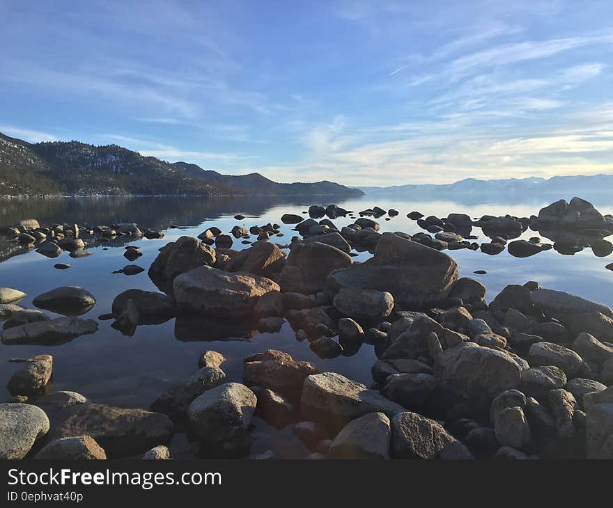 Scenic view of rocky shoreline of Lake Tahoe, Sierra Nevada, USA.