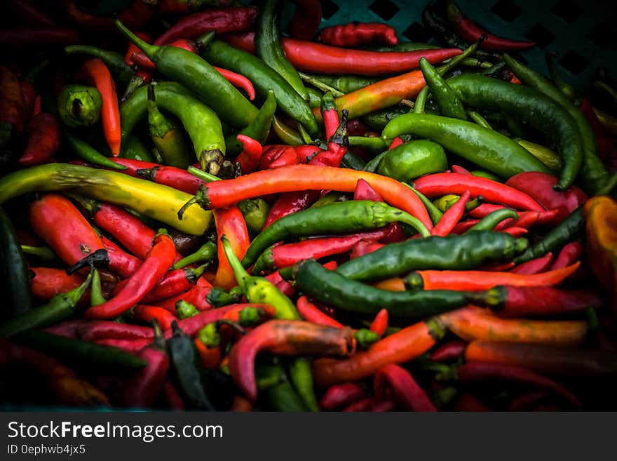 A pile of colorful chili peppers.