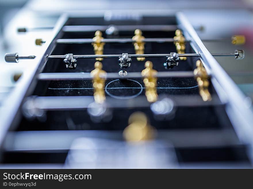 Elevated view of a table football game.