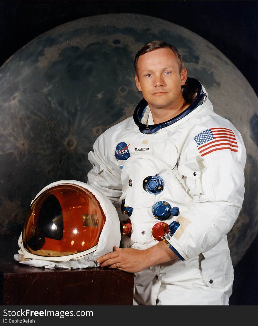 Portrait of American astronaut Neil Armstrong in flight suit. Portrait of American astronaut Neil Armstrong in flight suit.