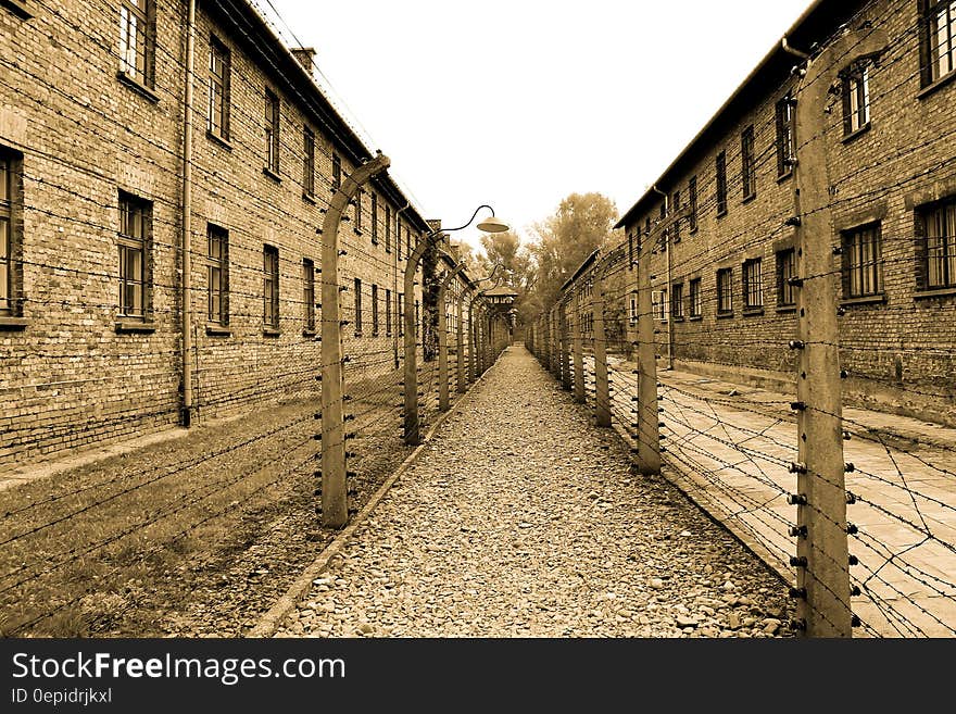 Sepia Effect Photo of Fence With Classic Design Building during Daytime