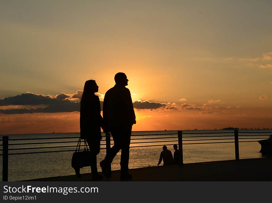 Man and Woman Silhouette Walking during Sunset