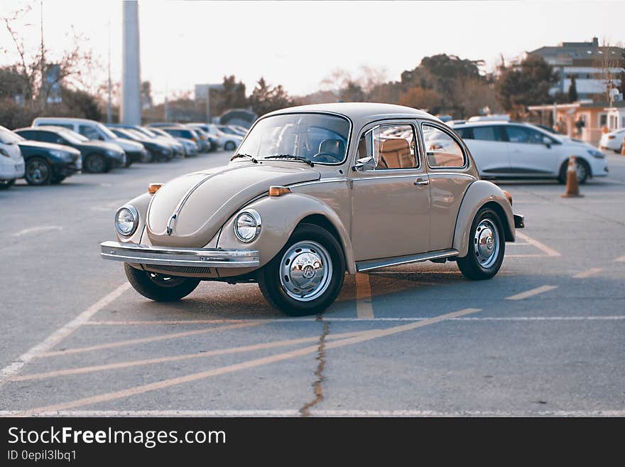 Brown Volkswagen Beetle at Parking Lot