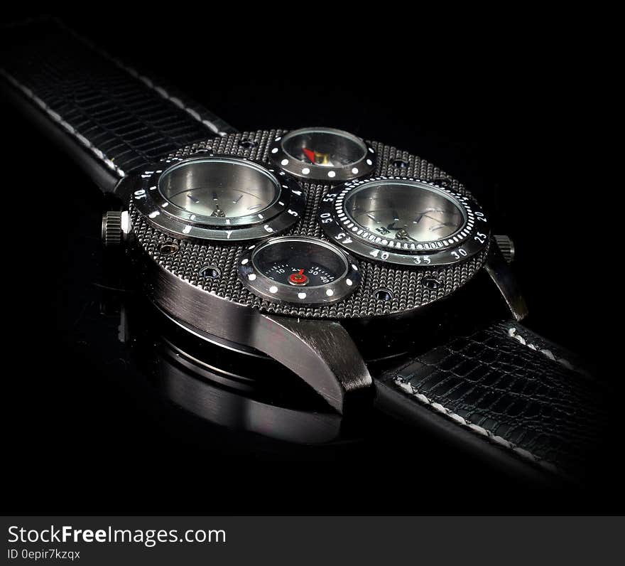 Black Leather Strap Round Watch