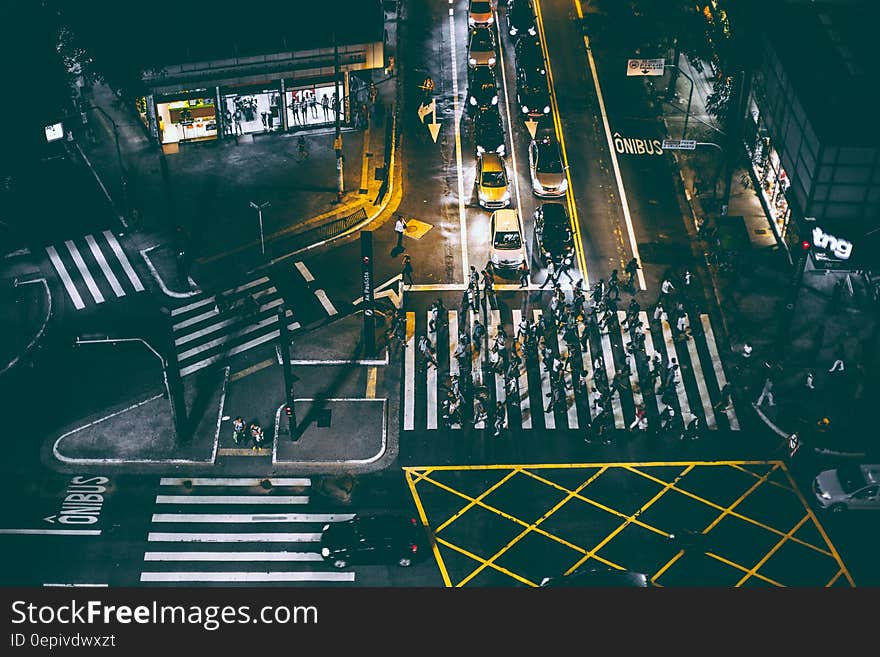 Aerial View of Bunch of People Walking on White Pedestrian Lane during Night