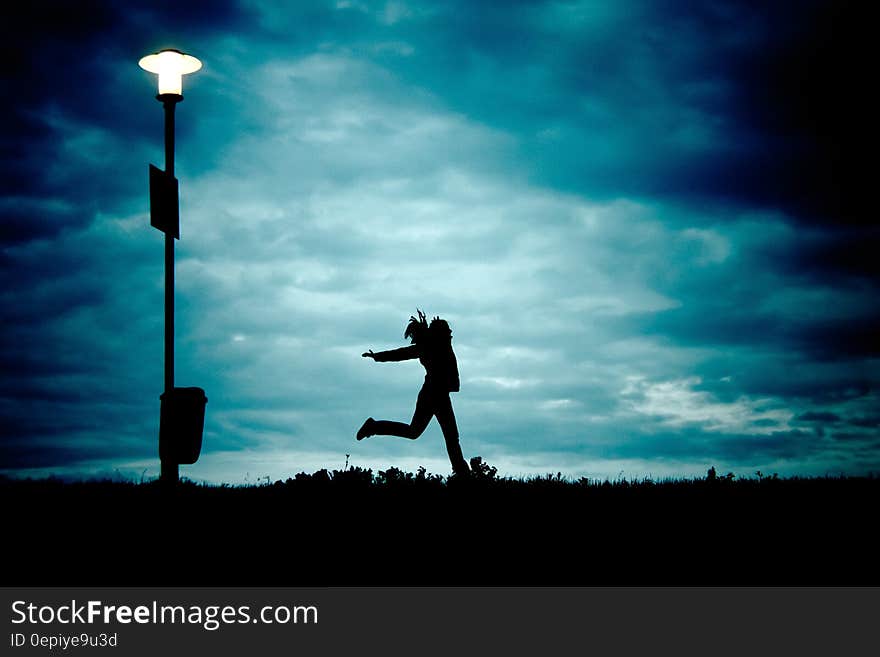 Silhouette of Person Beside Silhouette of Street Light