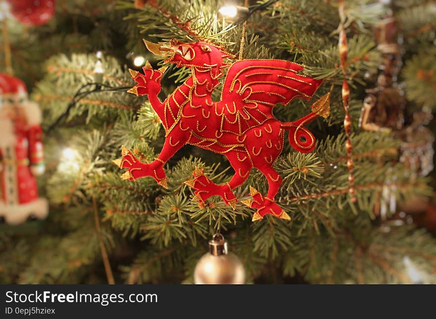 Welsh red dragon on on spruce Christmas tree. Welsh red dragon on on spruce Christmas tree.